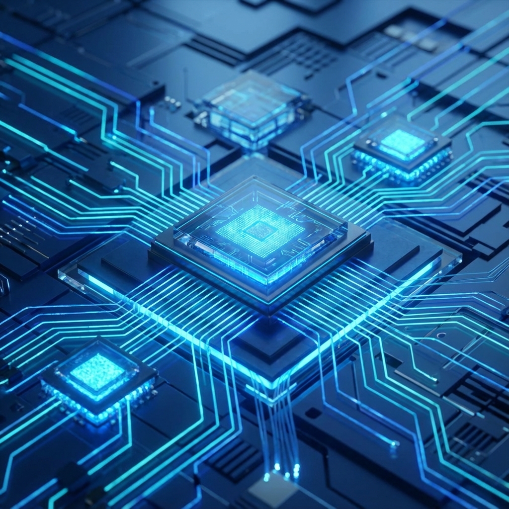 Abstract futuristic blue circuit board pattern with glowing data lines, high tech background, 8k resolution